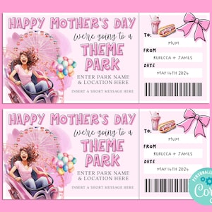 Mothers Day THEME PARK Editable Gift Ticket Template, Birthday Gift Certificate, Surprise Ticket, Getaway, INSTANT, Carnival, Amusement Park