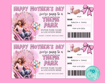 Mothers Day THEME PARK Editable Gift Ticket Template, Birthday Gift Certificate, Surprise Ticket, Getaway, INSTANT, Carnival, Amusement Park