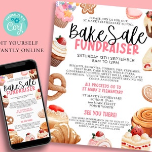 BAKE SALE Social Fundraiser Editable Template, Flyer, Printable PTA Flyer, School Church or Community Fundraiser, cupcakes pastries