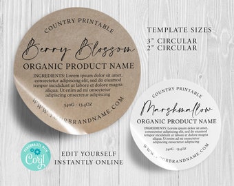 ROUND Editable Product Sticker, Modern ORGANIC Custom Product Label, 3" 2",Label, DIY Round Sticker, Kraft Round Diy Label, Printable, Corjl