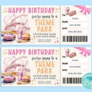 Birthday THEME PARK Editable Gift Ticket Template, Birthday Gift Certificate, Surprise Ticket, Getaway, INSTANT, Carnival, Amusement Park
