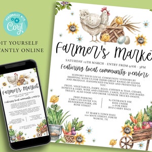FARMERS MARKET Flyer modifiable, collecte de fonds pour le marché DIY, Fruits Légumes, Foire rurale, Gabarit, Manipulation des œufs, Imprimable, Corjl instantané