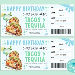 Plantilla de boleto de regalo editable TACOS & TEQUILA de cumpleaños, certificado de regalo de cumpleaños, boleto sorpresa, INSTANTÁNEO, cena mexicana, fiesta,