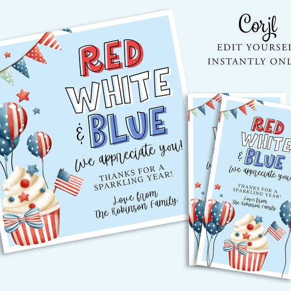 JULY 4TH Party Favor, Appreciation Gift Tag, Teacher, Friends, Independence Day, Thankyou Card, PTO, Printable, INSTANT, Red White Blue