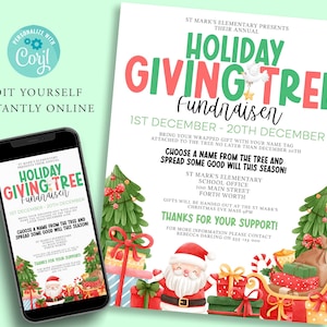 May include: A festive holiday giving tree fundraiser flyer with a red and green color scheme. The flyer features a cartoon illustration of a Christmas tree with presents and a Santa Claus. The text on the flyer reads "Holiday Giving Tree Fundraiser" and includes the dates "1st December - 20th December".