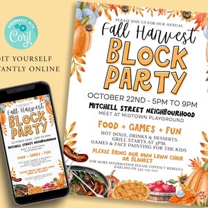 FALL Block Party Flyer bearbeitbare Vorlage, DIY Barbeque, Herbst, Thanksgiving-Veranstaltung Poster, Grill, digitale Einladung, druckbare Einladung Corjl