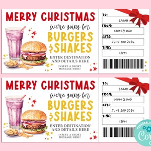 Plantilla de boleto de regalo editable de BURGERS & SHAKES de Feliz Navidad, certificado de regalo de temporada, boleto sorpresa, INSTANTÁNEO, restaurante, cena, almuerzo