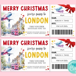 Joyeux Noël LONDON TRIP Billet, carte-cadeau de saison, chèque-cadeau, billet surprise, vacances, escapade, Corjl IMPRIMABLE