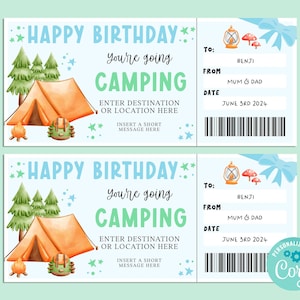 Bon anniversaire CAMPING, carte-cadeau joyeux anniversaire, chèque-cadeau, billet surprise, road trip vacances, glamping, INSTANT Corjl