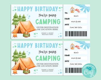 Birthday CAMPING Gift Ticket, Happy Birthday Gift Card, Gift Certificate, Surprise Ticket, Road Trip Vacation, Glamping, INSTANT Corjl
