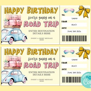 Billet cadeau anniversaire ROAD TRIP, carte-cadeau joyeux anniversaire, chèque-cadeau, billet surprise, road trip vacances, escapade, INSTANT Corjl