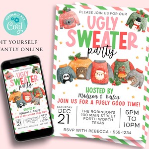May include: An editable digital invitation for an Ugly Christmas Jumper party. The invitation has a pink and green striped background with a white centre. The centre features a cartoon illustration of various jumpers with festive designs. The text "Ugly Sweater Party" is written in large, pink and red letters. The invitation also includes the date, time, and location of the party, as well as the hosts' names.