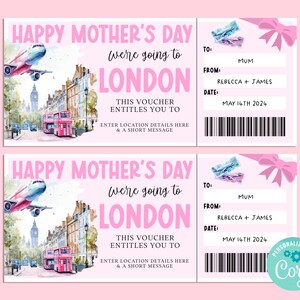 Billet-cadeau VOYAGE À LONDRES pour la fête des mères, carte-cadeau de joyeux anniversaire, chèque-cadeau, billet surprise, vacances, escapade, Corjl IMPRIMABLE