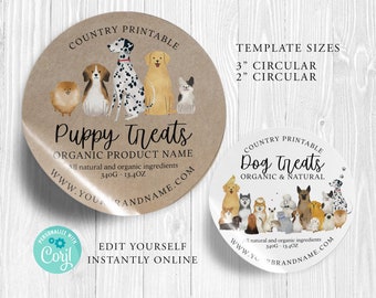 ROUND Pet Food Editable Product Sticker, Treats Chews Product Label, 3", 2", DIY Round, DOG, Kraft Round, Diy Label, Printable, Corjl