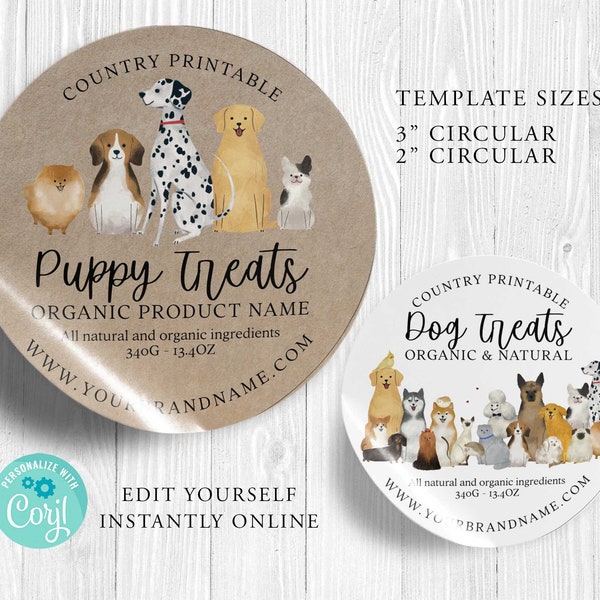 ROUND Pet Food Editable Product Sticker, Treats Chews Product Label, 3", 2", DIY Round, DOG, Kraft Round, Diy Label, Printable, Corjl