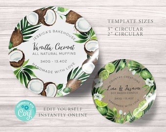 Coconut & Lime ROUND Editable Product Sticker, ORGANIC Custom Product Label, 3", 2",Label, DIY Round Sticker, Kraft Round, Label, Printable