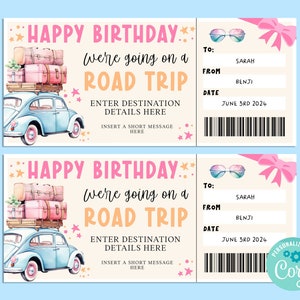 Birthday ROAD TRIP Gift Ticket, Happy Birthday Gift Card, Gift Certificate, Surprise Ticket, Road Trip Vacation, Getaway, INSTANT Corjl