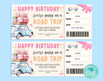 Birthday ROAD TRIP Gift Ticket, Happy Birthday Gift Card, Gift Certificate, Surprise Ticket, Road Trip Vacation, Getaway, INSTANT Corjl