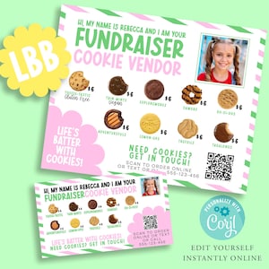 May include: A pink and green cookie fundraiser flyer with a photo of a girl, cookie images, and text. The flyer says "Hi, my name is Rebecca and I am your Fundraiser Cookie Vendor". It includes a QR code and contact information.