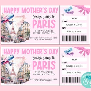 Billet cadeau voyage PARIS fête des mères, carte-cadeau joyeux anniversaire, chèque-cadeau, billet surprise, vacances en France, escapade, Corjl IMPRIMABLE