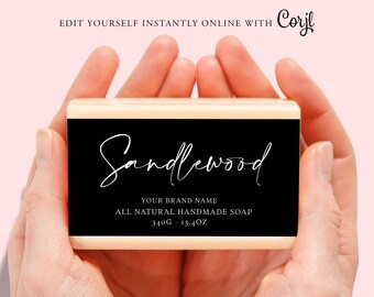 May include: A bar of natural handmade soap with a black label that says "Sandlewood" in white script. The label also includes the text "YOUR BRAND NAME", "ALL NATURAL HANDMADE SOAP", and "340G - 13.4OZ".