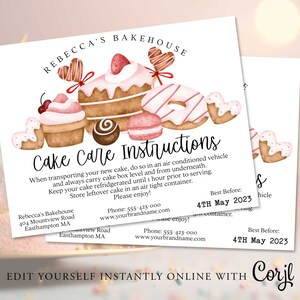 Gâteau Care Instruction Card Template, CupCake Care Label, Cake or Dessert Label, Farmers Market, Cake Care Card, Printable, Instant Corjl
