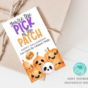 May include: A printable Halloween tag with a purple and orange design. The text reads "You're the Pick of the Patch! Happy Halloween! Love from the Robinson Family". The tag features a cartoon pumpkin with a smiling face and a skull.