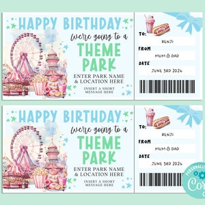 Cumpleaños PARQUE TEMÁTICO Plantilla de boleto de regalo editable, Certificado de regalo de cumpleaños, Boleto sorpresa, Escapada, INSTANTE, Carnaval, Parque de atracciones