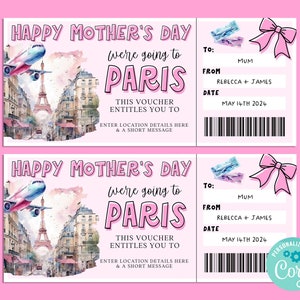 Billet cadeau voyage PARIS fête des mères, carte-cadeau joyeux anniversaire, chèque-cadeau, billet surprise, vacances en France, escapade, Corjl IMPRIMABLE