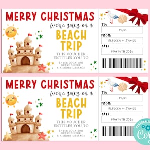 Plantilla de boleto de regalo editable para VIAJE A LA PLAYA con Feliz Navidad, certificado de regalo de Navidad, boleto sorpresa, INSTANTÁNEO, viaje por carretera para vacaciones de verano