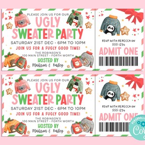 May include: Two Christmas party tickets with a festive design. The tickets read "Ugly Sweater Party" with illustrations of sweaters, cookies, and a panda. The tickets include the date, time, and RSVP information.