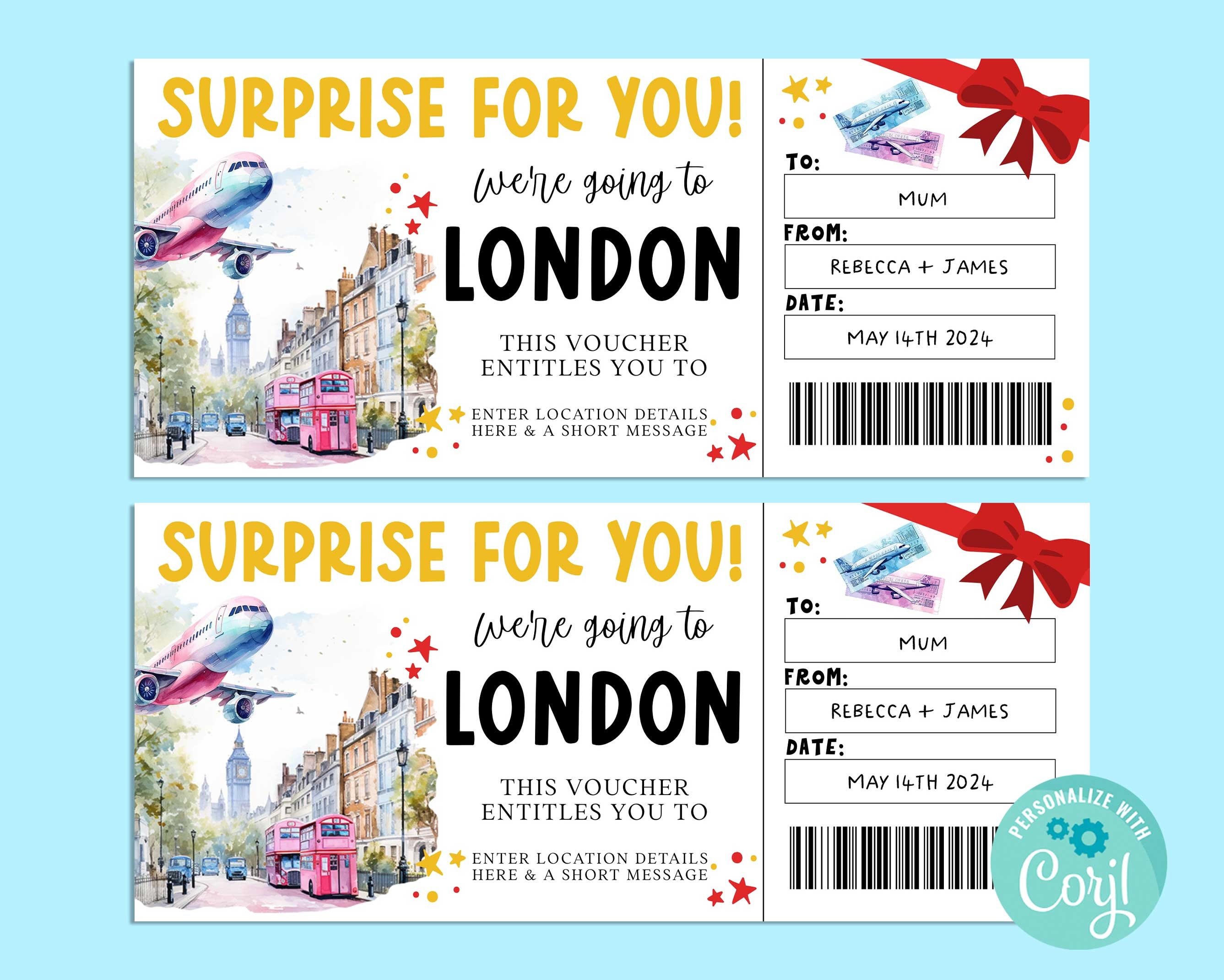 Surprise LONDON TRIP Gift Ticket, Surprise Gift Card, Gift Certificate, Surprise Ticket, Vacation, Getaway, Corjl PRINTABLE