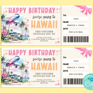 Bon anniversaire voyage HAWA, carte-cadeau joyeux anniversaire, chèque-cadeau, cadeau surprise, vacances à la plage, escapade, Corjl IMPRIMABLE