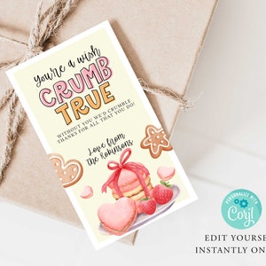 May include: A light yellow card with pink and orange text that reads "You're a wish crumb true. Without you we'd crumble. Thanks for all that you do! Love from the Robinsons." The card has a watercolor illustration of a stack of pink macarons with a red ribbon, a heart-shaped cookie, and a strawberry.