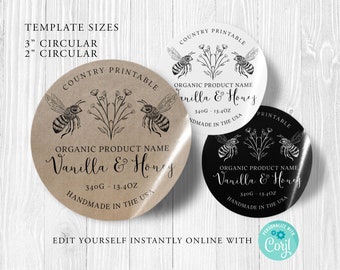 ROUND Editable Product Sticker, ORGANIC Custom Product Label, 3", 2", Bee Label, DIY Round Sticker, Kraft Round, Diy Label, Printable, Corjl