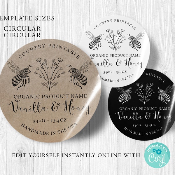 ROUND Editable Product Sticker, ORGANIC Custom Product Label, 3", 2", Bee Label, DIY Round Sticker, Kraft Round, Diy Label, Printable, Corjl