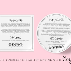 INGREDIENT Editable Product Sticker, Backing Label Round, Square Label, Custom ORGANIC Product Label, 3" 2",Label, DIY Printable, Corjl