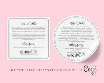 INGREDIENT Editable Product Sticker, Backing Label Round, Square Label, Custom ORGANIC Product Label, 3" 2",Label, DIY Printable, Corjl