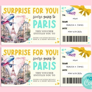 Billet cadeau voyage surprise à PARIS, carte-cadeau joyeux anniversaire, chèque-cadeau, billet surprise, vacances en France, escapade, Corjl IMPRIMABLE