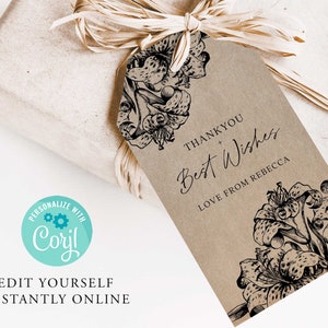 20 x modelo de etiqueta de presente editável floral KRAFT, etiqueta de agradecimento imprimível, etiqueta de produto editável, faça você mesmo vintage, etiqueta de mercado de artesanato, download instantâneo