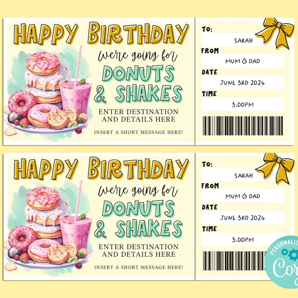 Birthday DONUTS & SHAKES Editable Gift Ticket Template, Happy Birthday Gift Certificate, Surprise Ticket, INSTANT, dessert, dinner, lunch