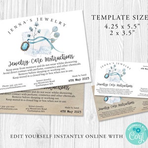 Puede incluir: Una ilustraci&oacute;n acuarela azul claro y blanco de una caja de joyer&iacute;a con una cinta azul y una piedra preciosa turquesa. El texto "Jenna's Jewelry" est&aacute; en la parte superior de la tarjeta. El texto "Jewelry Care Instructions" est&aacute; en un tama&ntilde;o de fuente m&aacute;s grande. El texto incluye instrucciones para el cuidado de las joyas, como mantenerlas alejadas de la humedad y no usarlas mientras se ducha. El texto tambi&eacute;n incluye la direcci&oacute;n y el n&uacute;mero de tel&eacute;fono de Jenna's Jewelry. El texto "Handmade on 4th May 2023" est&aacute; en la esquina superior derecha de la tarjeta.