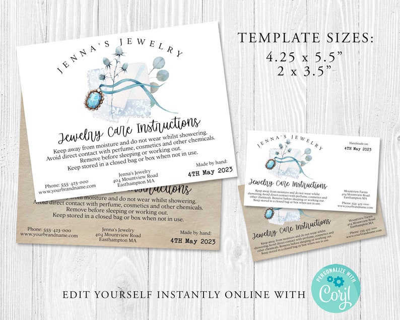 Puede incluir: Una ilustraci&oacute;n acuarela azul claro y blanco de una caja de joyer&iacute;a con una cinta azul y una piedra preciosa turquesa. El texto "Jenna's Jewelry" est&aacute; en la parte superior de la tarjeta. El texto "Jewelry Care Instructions" est&aacute; en un tama&ntilde;o de fuente m&aacute;s grande. El texto incluye instrucciones para el cuidado de las joyas, como mantenerlas alejadas de la humedad y no usarlas mientras se ducha. El texto tambi&eacute;n incluye la direcci&oacute;n y el n&uacute;mero de tel&eacute;fono de Jenna's Jewelry. El texto "Handmade on 4th May 2023" est&aacute; en la esquina superior derecha de la tarjeta.