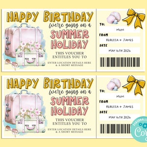Modèle de billet cadeau modifiable anniversaire voyage HAWA, carte-cadeau joyeux anniversaire, chèque-cadeau, billet surprise, vacances à la plage, escapade
