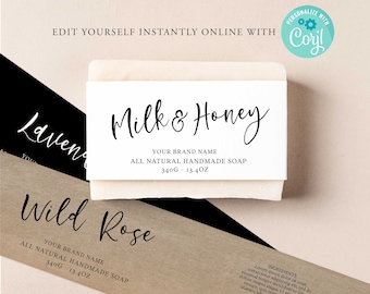 May include: Two labels for handmade soap. The top label is white with black text that reads "Milk & Honey" and "Your Brand Name" with the text "All Natural Handmade Soap 340g - 13.4 oz". The bottom label is brown with black text that reads "Wild Rose" and "Your Brand Name" with the text "All Natural Handmade Soap 340g - 13.4 oz".