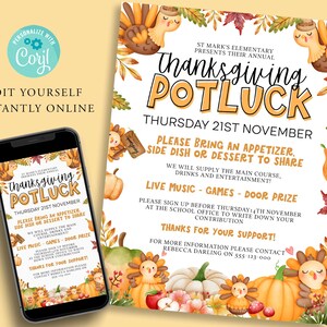 Puede incluir: Una invitación a un potluck de Acción de Gracias con una ilustración de acuarela de pavos, calabazas y hojas de otoño. El texto dice "St. Mark's Elementary Presents Their Annual Thanksgiving Potluck, Thursday 21st November. Please bring an appetizer, side dish or dessert to share. We will supply the main course, drinks and entertainment! Live Music - Games - Door Prize. Please sign up before Thursday 14th November at the school office to write down your contribution. Thanks for your support! For more information please contact Rebecca Darling on 555-123-000."