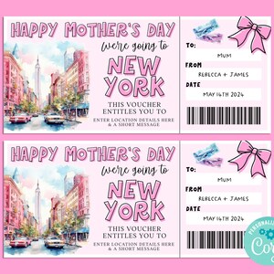 Billet-cadeau voyage à NEW YORK pour la fête des mères, carte-cadeau joyeux anniversaire, chèque-cadeau, billet surprise, vacances, escapade, Corjl IMPRIMABLE