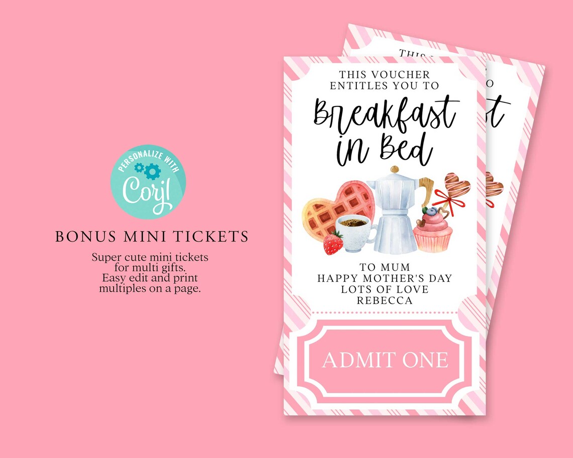Editable Breakfast in Bed Gift Ticket, Mothers Day, Happy Birthday ...
