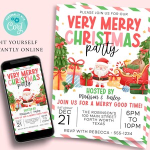 May include: A printable Christmas party invitation with a watercolor illustration of Santa Claus, presents, and a Christmas tree. The invitation is decorated with pink and green stripes and reads "Very Merry Christmas Party".