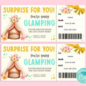 Billet-cadeau GLAMPING surprise, carte-cadeau pour joyeux anniversaire, chèque-cadeau, billet surprise, vacances sur la route, camping, corjl INSTANTANÉ